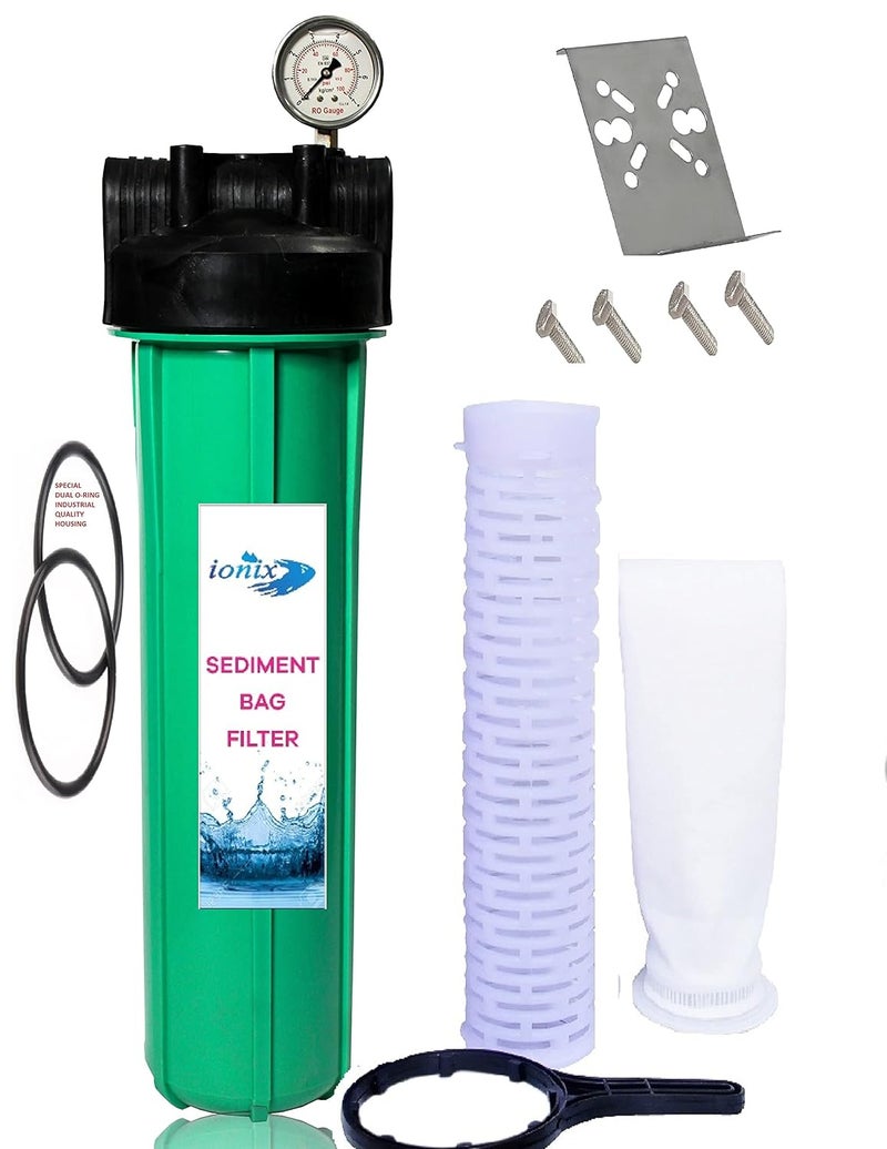 IONIX Double Silicon O ring Industrial Quality Bag filter assembly | bag filter 20 inch 5 Micron | With Glycerine Pressure Guage 1.5 inch in out | 1 Set, Green - Image 1