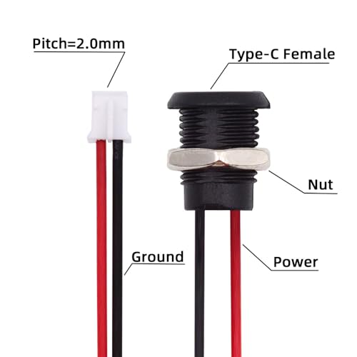 xiwai 5pcs DIY OEM Type C Female Socket to 2Pin Header Wire Extension DC 5V Power Cord Pitch=2.0mm Panel Mount USB C Waterproof Jack 17.5cm - Image 4