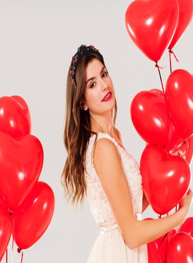 NVENF Valentine’s Day Headband for Women Love Heart Headband Jeweled Crystal Rhinestone Knotted Headband Red Pink Wide Top Knot Headband Valentine’s Day Hair Accessories Gifts (Black&Red) - Image 2