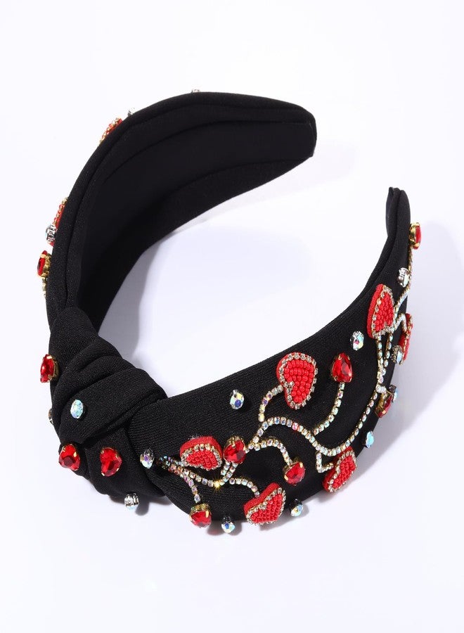 NVENF Valentine’s Day Headband for Women Love Heart Headband Jeweled Crystal Rhinestone Knotted Headband Red Pink Wide Top Knot Headband Valentine’s Day Hair Accessories Gifts (Black&Red) - Image 4