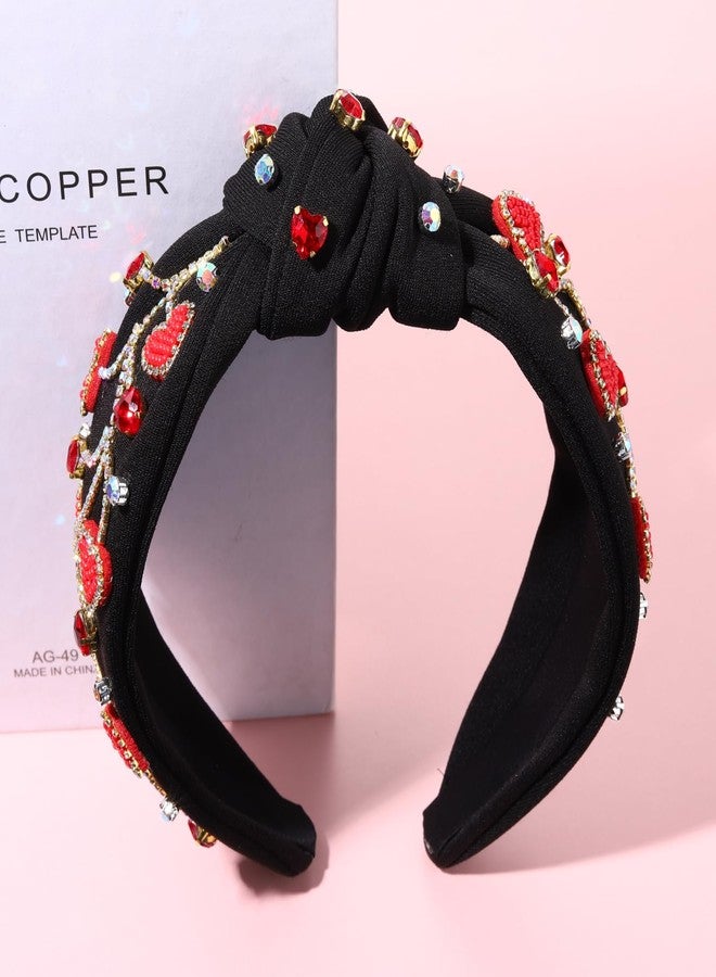 NVENF Valentine’s Day Headband for Women Love Heart Headband Jeweled Crystal Rhinestone Knotted Headband Red Pink Wide Top Knot Headband Valentine’s Day Hair Accessories Gifts (Black&Red) - Image 5
