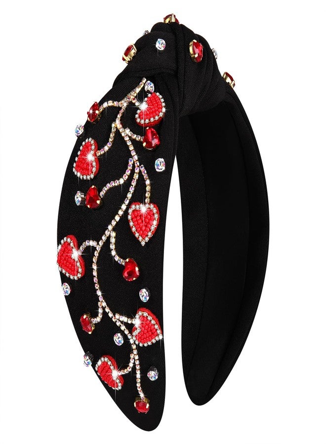 NVENF Valentine’s Day Headband for Women Love Heart Headband Jeweled Crystal Rhinestone Knotted Headband Red Pink Wide Top Knot Headband Valentine’s Day Hair Accessories Gifts (Black&Red) - Image 1