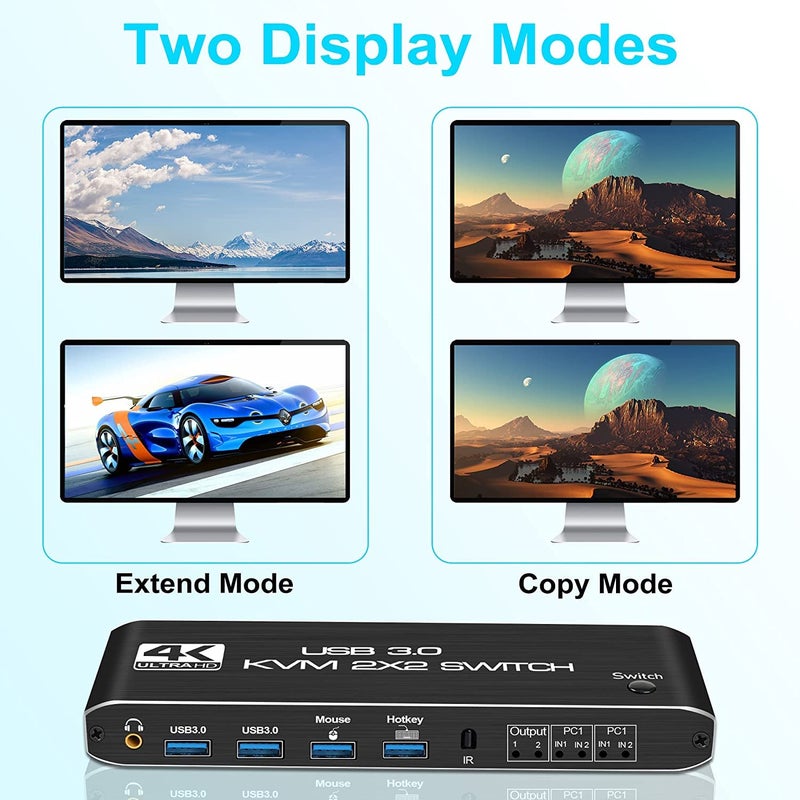ETZIN KVM Switch 2 Monitors 2 Computers 4K@60Hz HDMI KVM switches with Audio, Keyboard Video Mouse Peripherals displayport Switch Support UHD,USB 3.0 Hub. - Image 2