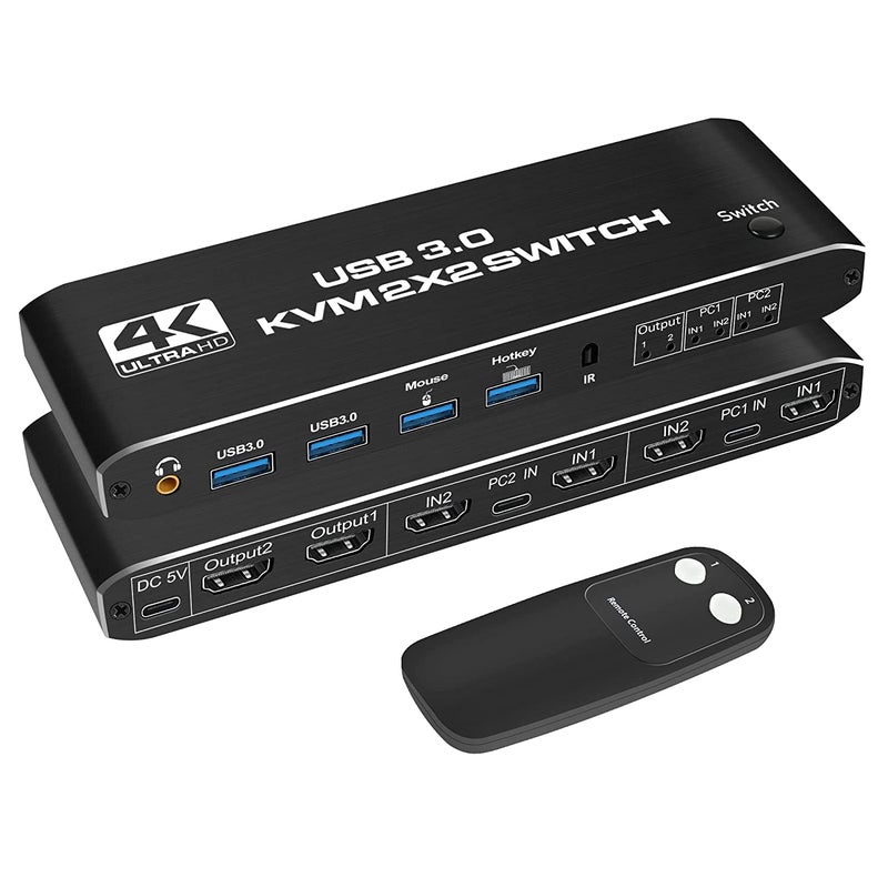 ETZIN KVM Switch 2 Monitors 2 Computers 4K@60Hz HDMI KVM switches with Audio, Keyboard Video Mouse Peripherals displayport Switch Support UHD,USB 3.0 Hub. - Image 1