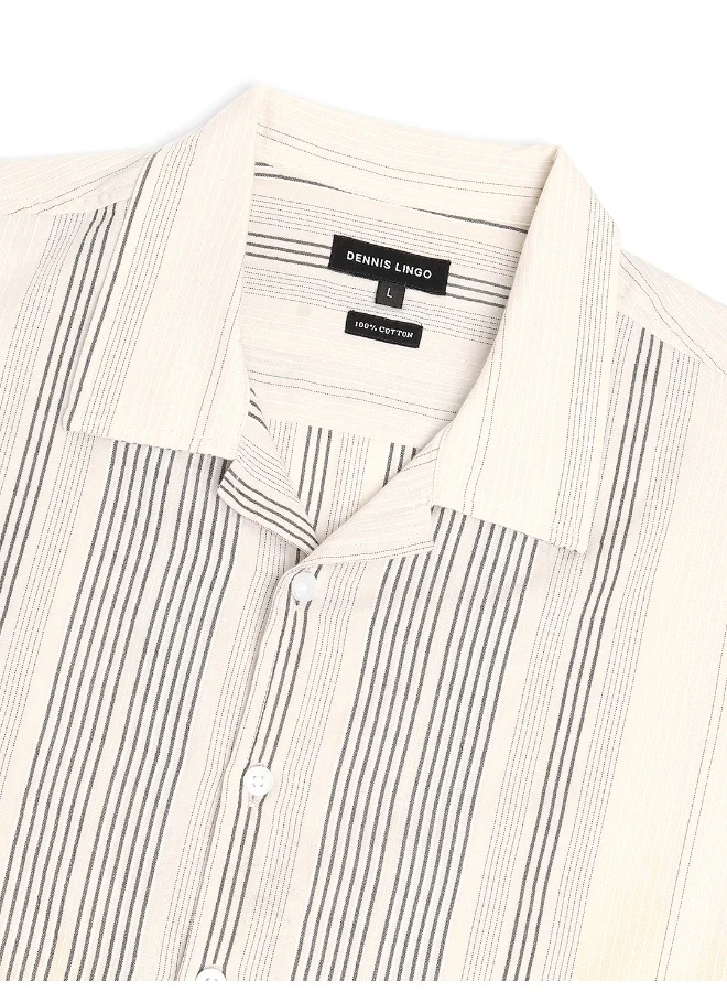 Dennis Lingo Slim Fit Khaki 100% Cotton Striped Shirt for Men - Cuban Collar, Half Sleeves, Casual,