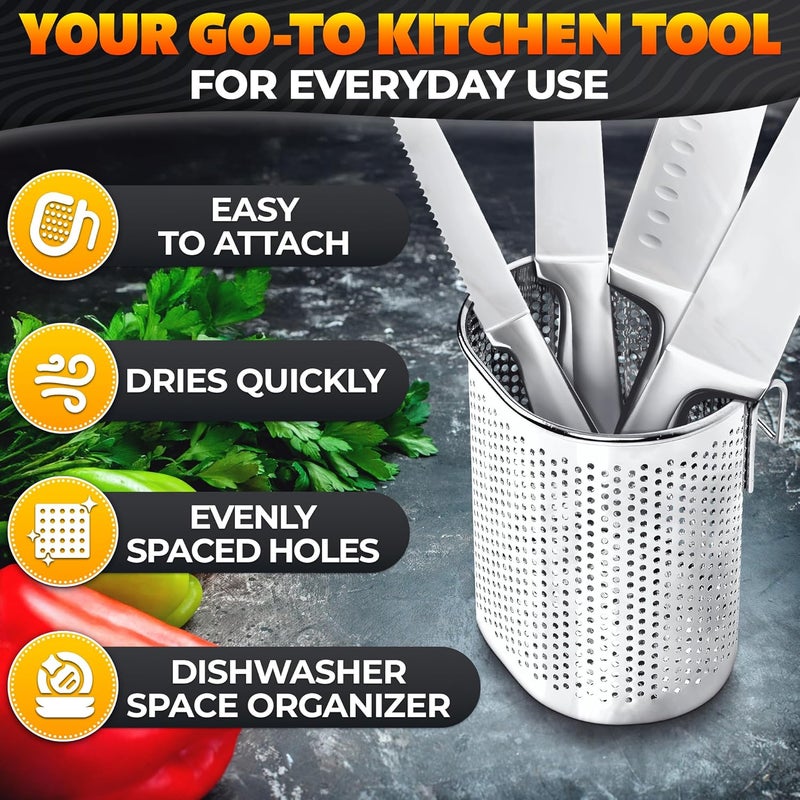 VIKROM Chopstick Dishwasher Basket 3.5x2.7x3.9" – Stainless Steel Chopstick Holder for Dishwasher with Hooks, Oval Design Rust-Resistant Perforated Utensil Caddy for Straws, Teaspoons & Small Kitchen Tools - Image 4