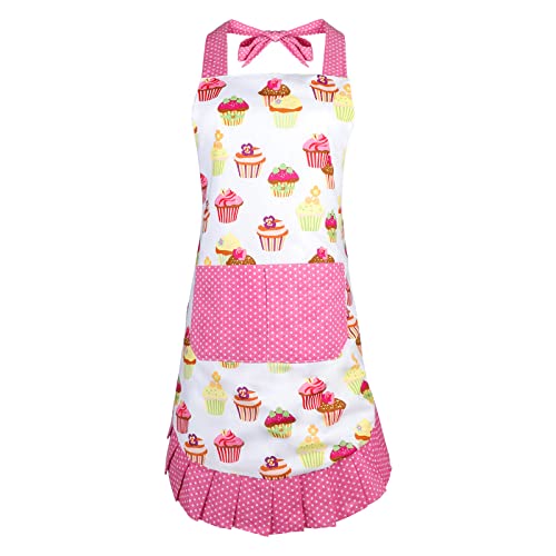 G2PLUS Aprons for Women with Pockets, 29 x 21 Inch Extra Long Ties Cupcake Apron, Pink Vintage Damask Apron for Kitchen Cooking, Baking and Gardening - Image 1