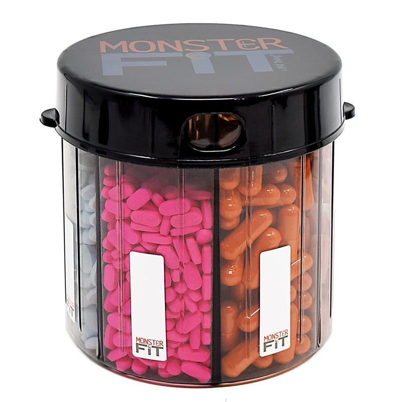XL Supplement Pill Dispenser Bottle 7 Compartment Labels Easy Open AntiMixing UV Protected Organizer Extra Large Monthly Vitamin Monster Fit Medication Holder Includes Premium Medisafe App