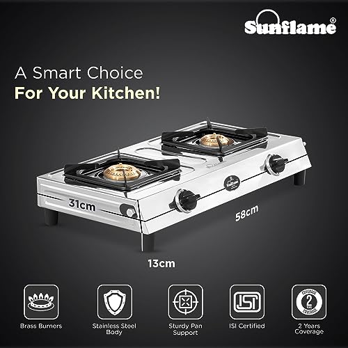 SUNFLAME موقد غاز ذكي من صن فلايم بموقدين بجسم فولاذي | موقد غاز بموقد نحاسي متوسط وصغير | تغطية المنتج لمدة 2 سنة | إشعال يدوي مع دعم مقلاة مطلية بالأورو | تواجد في جميع أنحاء الهند | معتمد من ISI - Image 2