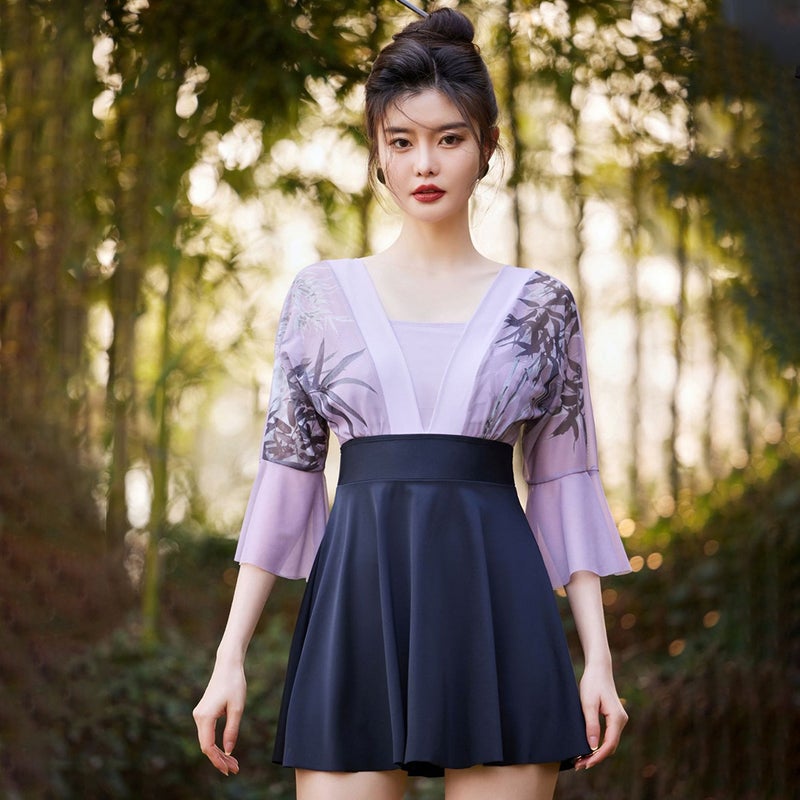 Chinese-style one-piece swimsuit for womens meat-covered slimming small-style high-end style ins-style large-size boxer swimsuit Purple  - Image 3