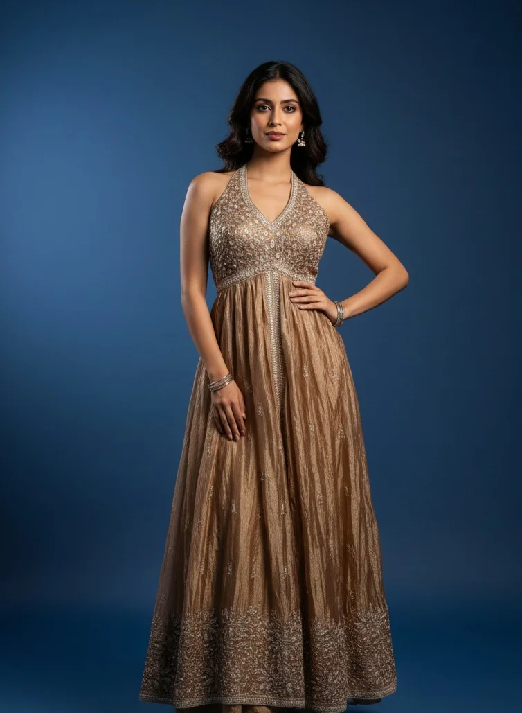 Lehar Bronze Metallic Halter-Neck Anarkali Gown with Intricate Border Embroidery