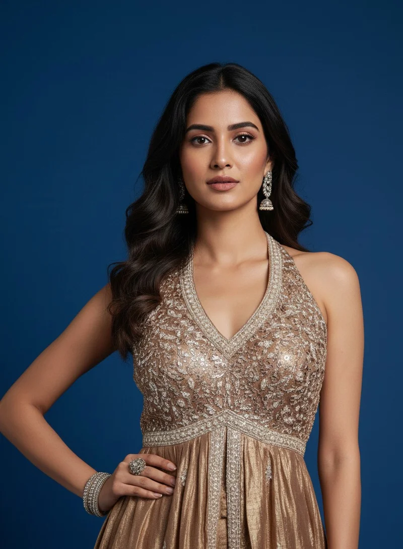 Lehar Bronze Metallic Halter-Neck Anarkali Gown with Intricate Border Embroidery