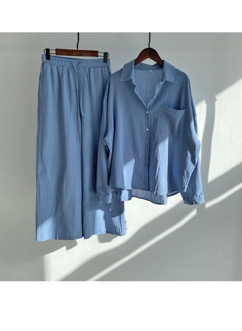 عام نسائي 2 قطعة موضة كلاسيكية لون الصلبة القطن الكتان مجموعة قميص الصيف الربيع حجم كبير نسائي متنفس بارد كم طويل لفة الرقبة قميص فضفاض السراويل - Image 1