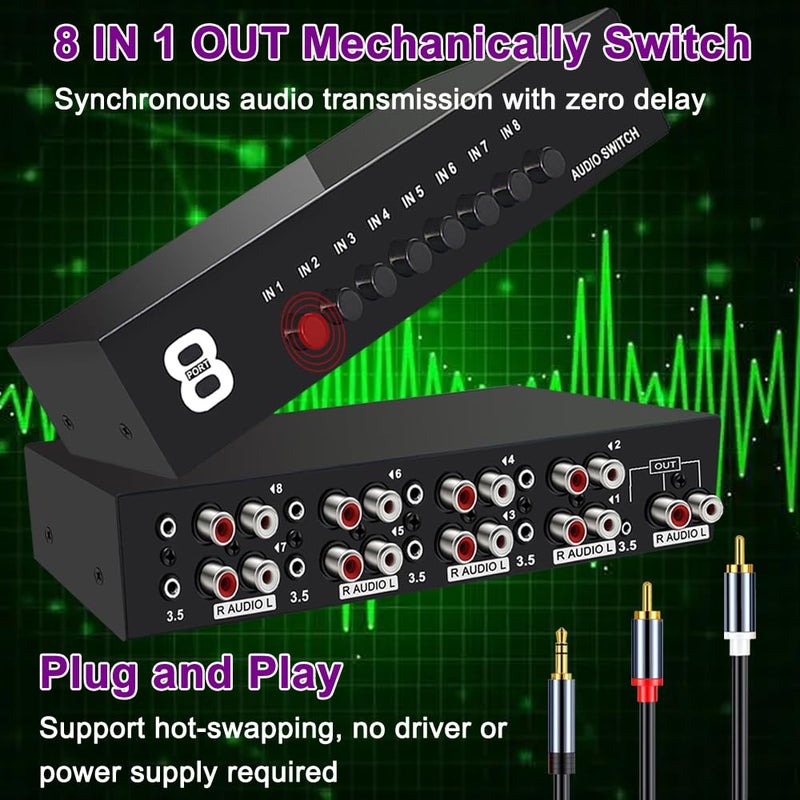FlyroadUp مفتاح صوت ستيريو ثنائي الاتجاه FlyroadUp 3.5mm Aux + RCA L/R 8 في 1 خارج A/B - Image 4