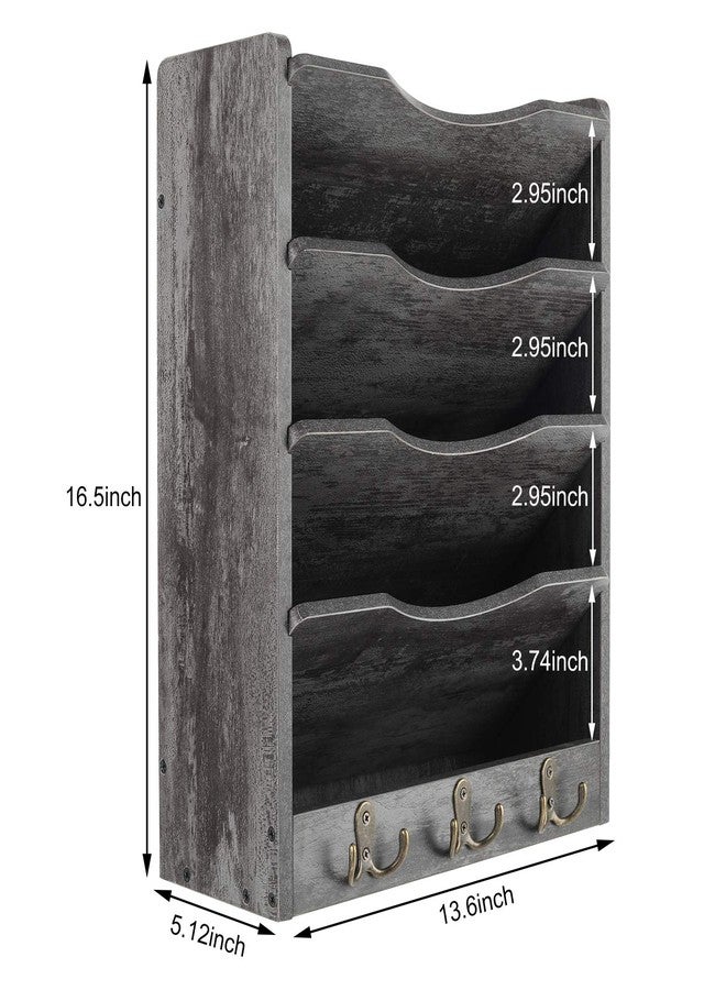 PAG 5-Tier Wall File Holder Hanging Mail Organizer Wood Magazine Literature Rack with 6 Hooks, Dark Gray - Image 3