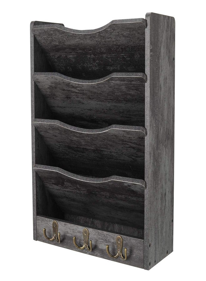 PAG 5-Tier Wall File Holder Hanging Mail Organizer Wood Magazine Literature Rack with 6 Hooks, Dark Gray - Image 1