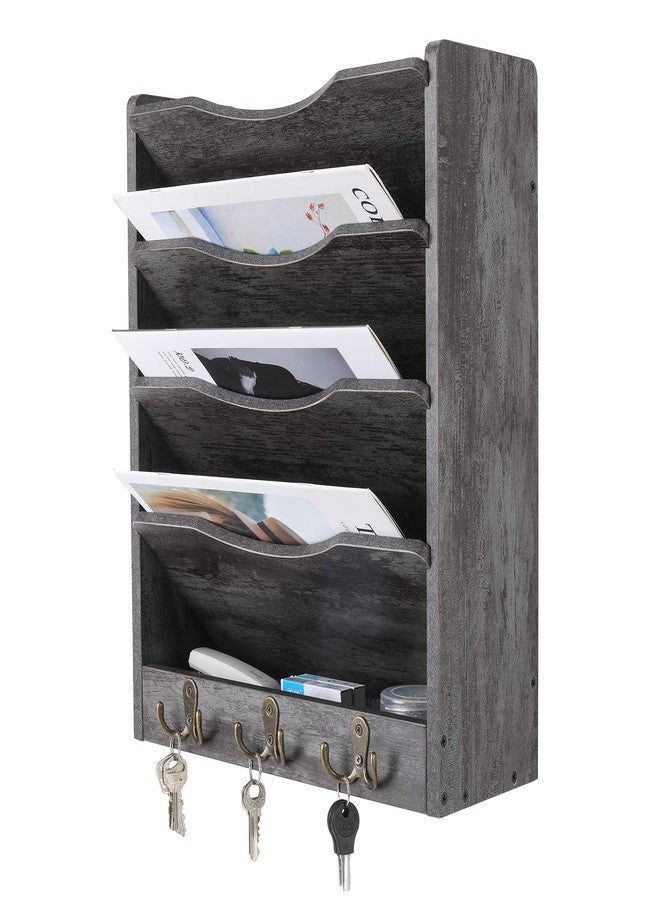 PAG 5-Tier Wall File Holder Hanging Mail Organizer Wood Magazine Literature Rack with 6 Hooks, Dark Gray - Image 2