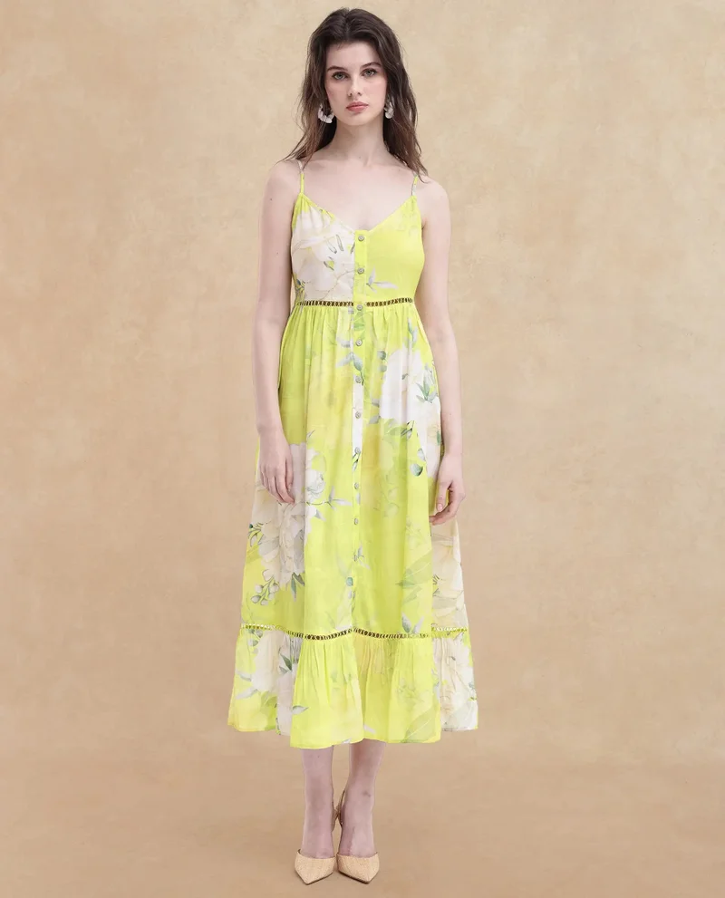 Rareism Rareism Women Galina Flouroscent Green Viscose Fabric Noodle Strap Floral Print Maxi Longline Dress