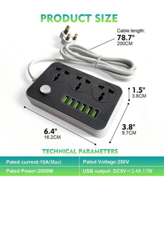 سلك تمديد أسلاك توصيل الكهرباء 3 منافذ مقبس شحن مع 6 منافذ USB مقبس شحن عالمي 2 متر سلك تمديد جريء  - Image 4