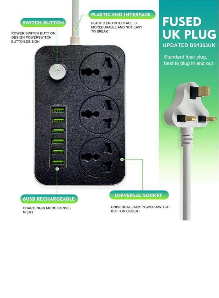 سلك تمديد أسلاك توصيل الكهرباء 3 منافذ مقبس شحن مع 6 منافذ USB مقبس شحن عالمي 2 متر سلك تمديد جريء  - Image 5