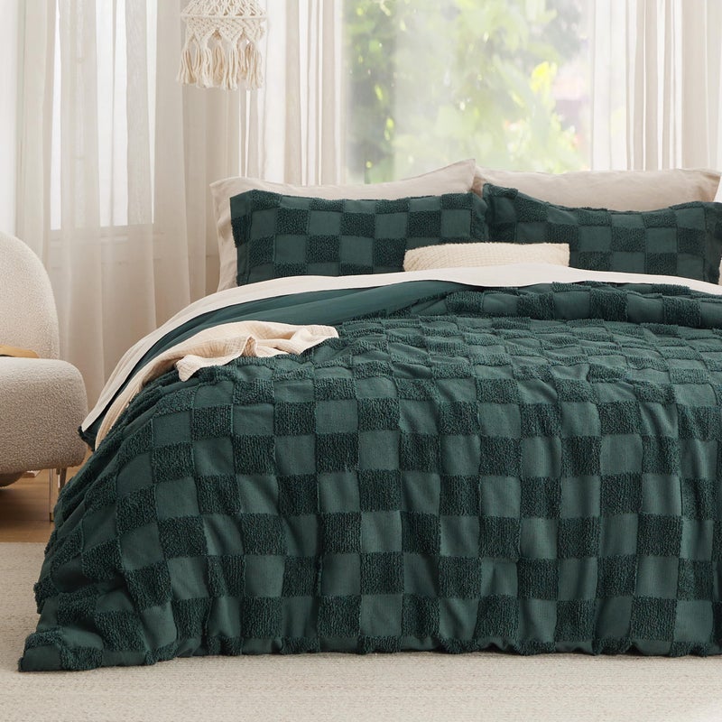Bedsure King Size Comforter Set Emerald, Boho Tufted Bed Set, Checkered Farmhouse Shabby Chic Bedding, 3 Pieces, 1 Plaid Geometric Comforter and 2 Pillow Shams - Image 1