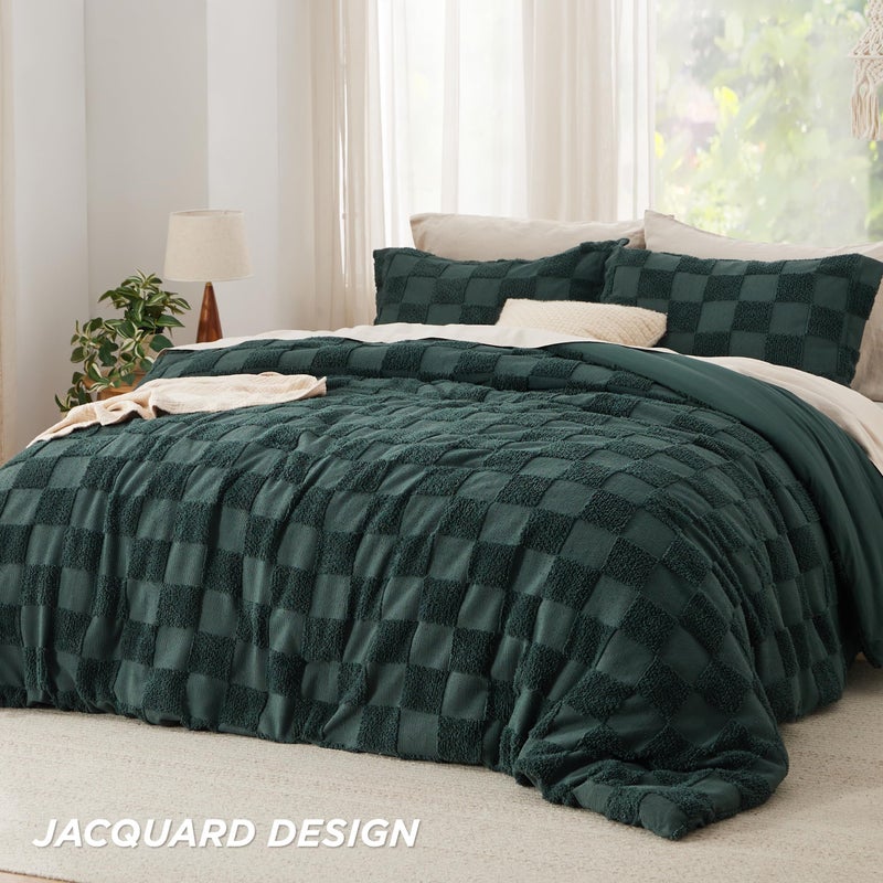 Bedsure King Size Comforter Set Emerald, Boho Tufted Bed Set, Checkered Farmhouse Shabby Chic Bedding, 3 Pieces, 1 Plaid Geometric Comforter and 2 Pillow Shams - Image 2