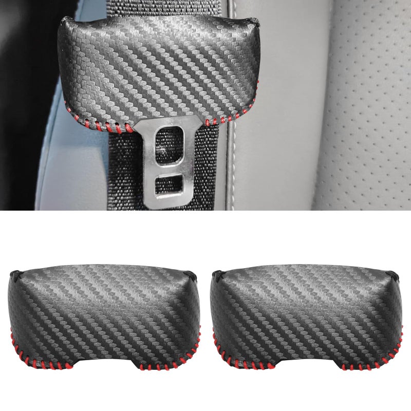 SUNBREATH Universal Car Seat Belt Buckle Cover Carbon Fiber Leather Seatbelt Clip Protector Decoration Accessories Style B for Most Vehicles 2PCS Black with Red Stitches