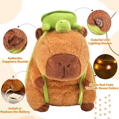 ChezMax Capybara Plush Stuffed Animal Toy 9 Light up Plays Real Capybara Sounds Plushie with Wearable Turtle Backpack Cute Birthday Gifts Funny Capybara Pillow Stuffies for Baby Girls Boys Kids - Image 5