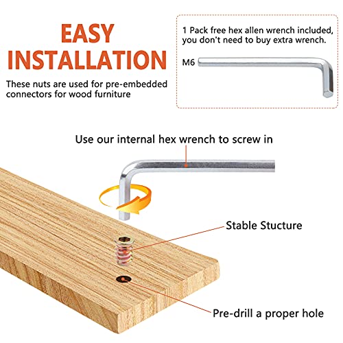 LGCLGY 40 Pcs Threaded Inserts, M6 x 15mm Threaded Inserts for Wood, Nut Inserts, Carbon Steel Furniture Screws with Spanner, Bolt Fastener Connector Hex Socket Drive for Wood Furniture - Image 3