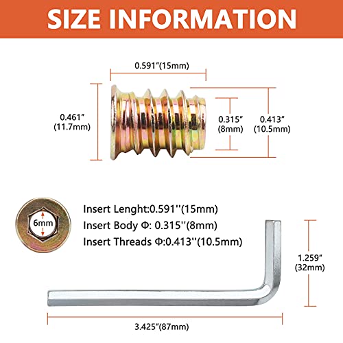 LGCLGY 40 Pcs Threaded Inserts, M6 x 15mm Threaded Inserts for Wood, Nut Inserts, Carbon Steel Furniture Screws with Spanner, Bolt Fastener Connector Hex Socket Drive for Wood Furniture - Image 2