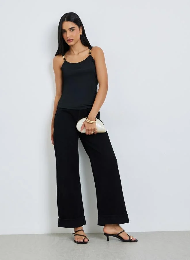 Styli Black Ribbed Bead Detail Fitted Tank