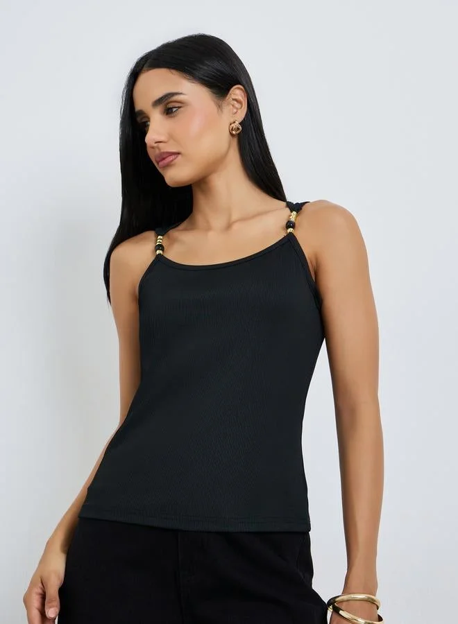 Styli Black Ribbed Bead Detail Fitted Tank