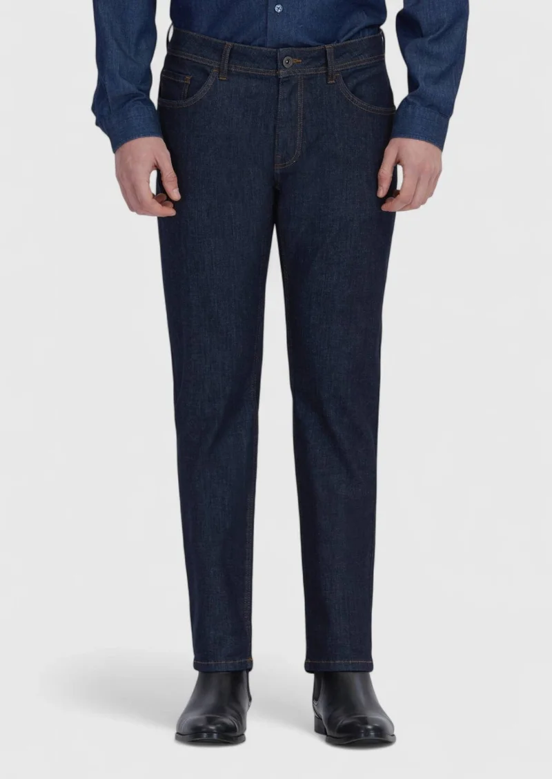 RAMSEY Navy Blue Slim Fit Denim Cotton Blended Trousers