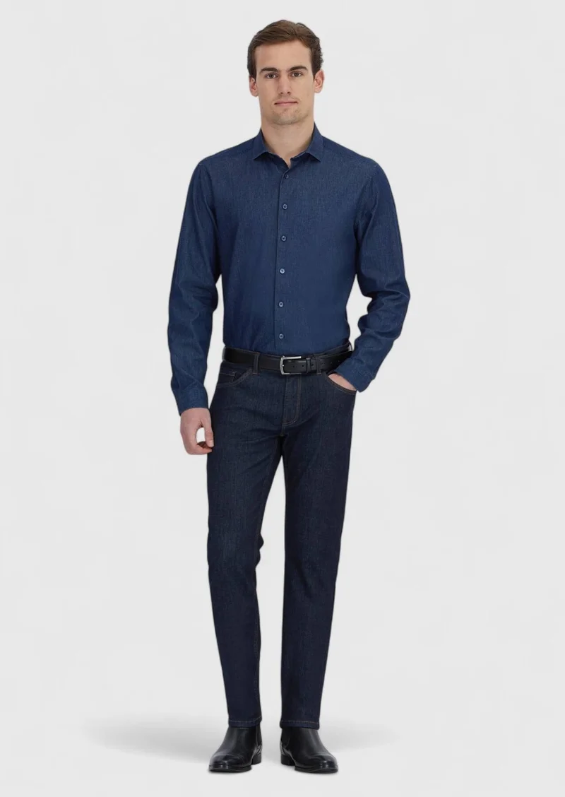 RAMSEY Navy Blue Slim Fit Denim Cotton Blended Trousers