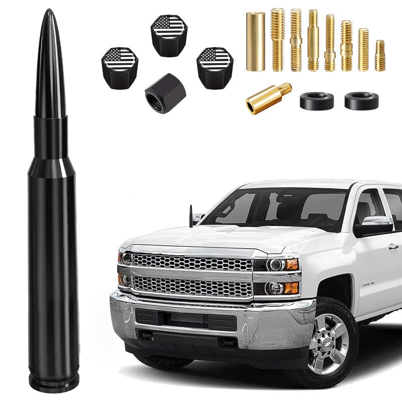 HVSTTPK Car Truck Bullet Antenna with Valve Stem Caps Mast for GM Chevy Silverado 1500 2500 3500 HD Ford F150 F250 F350 Denali Heavy Pickup Truck Accessories (Black)-Car wash Safe-Anti Theft - Image 1
