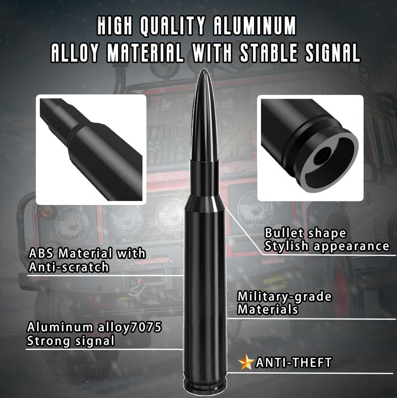 HVSTTPK Car Truck Bullet Antenna with Valve Stem Caps Mast for GM Chevy Silverado 1500 2500 3500 HD Ford F150 F250 F350 Denali Heavy Pickup Truck Accessories (Black)-Car wash Safe-Anti Theft - Image 2