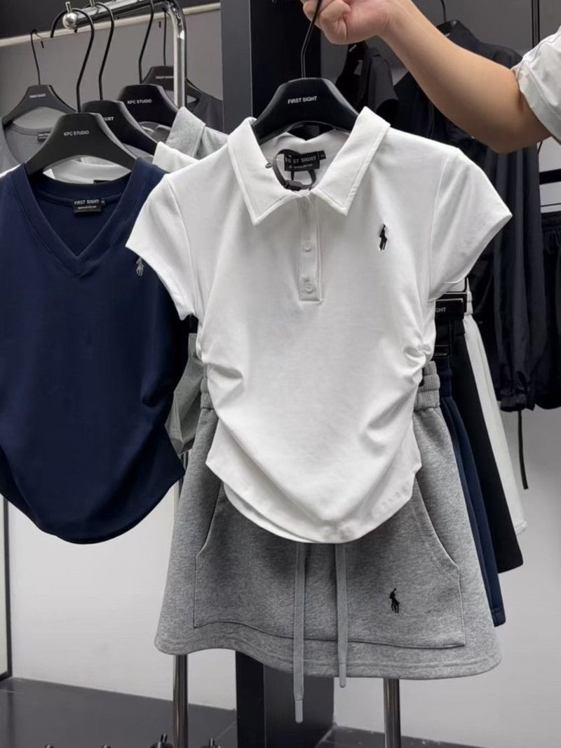 Color Blocking Slimming POLO Collar Embroidery Short Sleeves + Elastic Waist Half Body Casual Mini Dress Two-Piece Suit For Wome White top