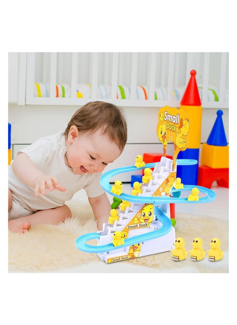Electric Ducks Chasing Race Track Game Set, Small Ducks Climbing Toys with 9 LED Flashing Lights & Music Button, Fun Duck Stair Climbing Toy for Toddlers and Kids, Playful Roller Coaster Toy