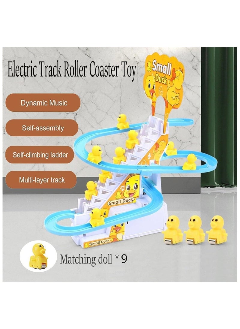 Electric Ducks Chasing Race Track Game Set, Small Ducks Climbing Toys with 9 LED Flashing Lights & Music Button, Fun Duck Stair Climbing Toy for Toddlers and Kids, Playful Roller Coaster Toy