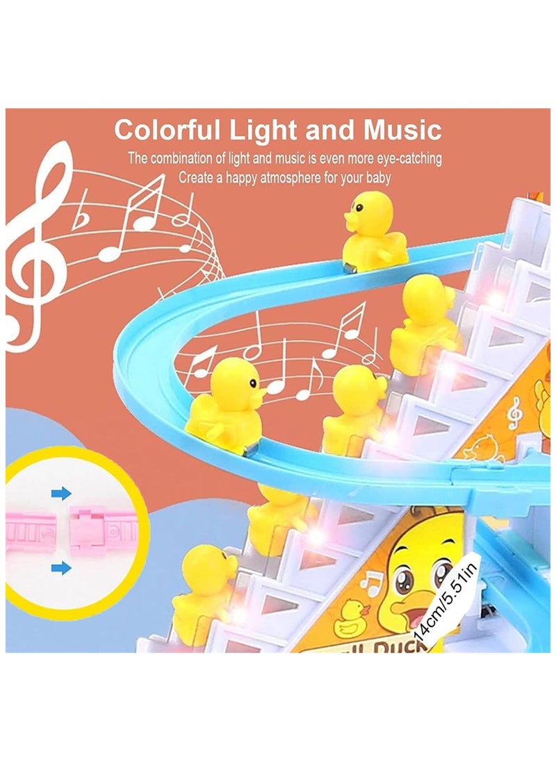 Electric Ducks Chasing Race Track Game Set, Small Ducks Climbing Toys with 9 LED Flashing Lights & Music Button, Fun Duck Stair Climbing Toy for Toddlers and Kids, Playful Roller Coaster Toy