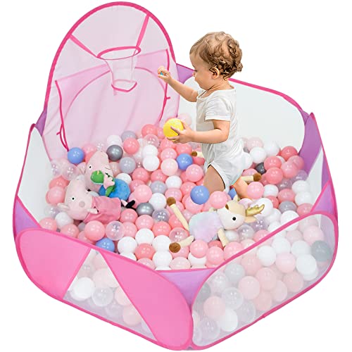 Eocolz Kids Ball Pit Large Pop Up Childrens Ball Pits Tent for Toddlers Playhouse Baby Crawl Playpen with Basketball Hoop and Zipper Storage Bag, 4 Ft/120CM, Balls Not Included (Pink) - Image 3