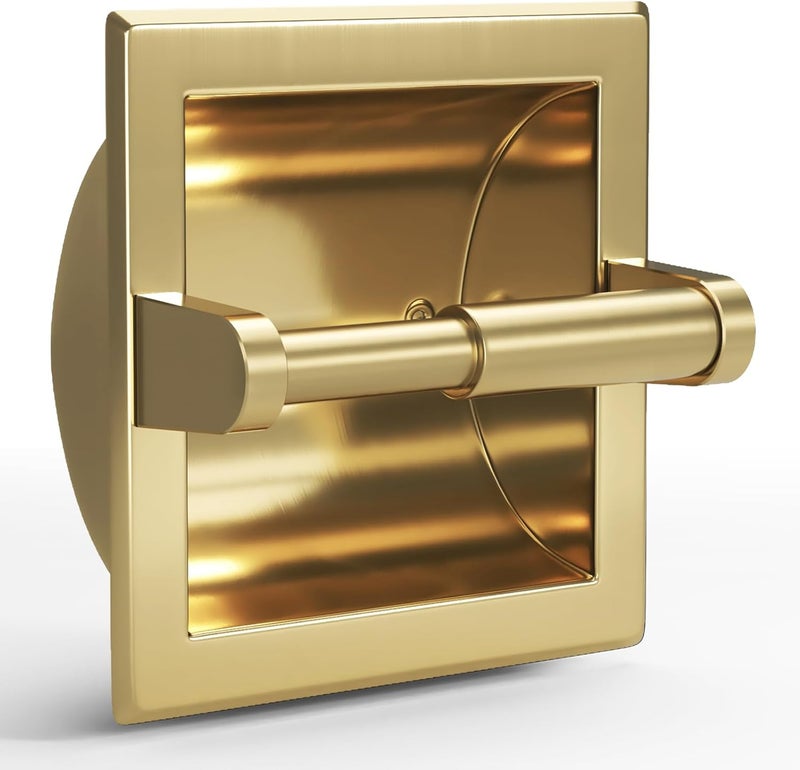 POKIM Recessed Toilet Paper Holder in Wall Mounted with Rear Mounting Bracket Stainless Steel Heavy Duty Brushed Gold Finish 6.2x6.2 Square Jumbo Mega Tissue Holder for Bathroom Wall - Image 1