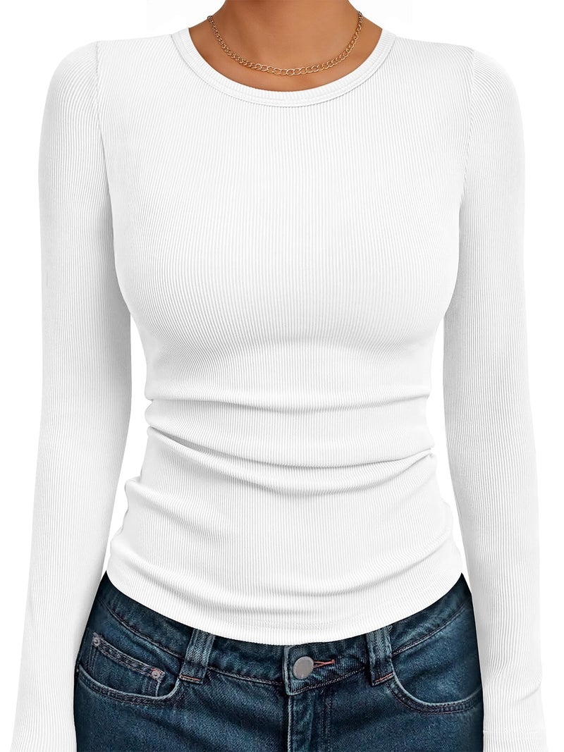AUTOMET Women's Ribbed Long Sleeve Basic Top - Soft Stretch Crewneck Shirt for Work & Casual White XS - Image 1