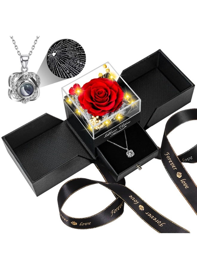 Preserved Red Rose with Heart Necklace - Romantic Gift Box for Wife, Girlfriend, Mom & Women - Image 1