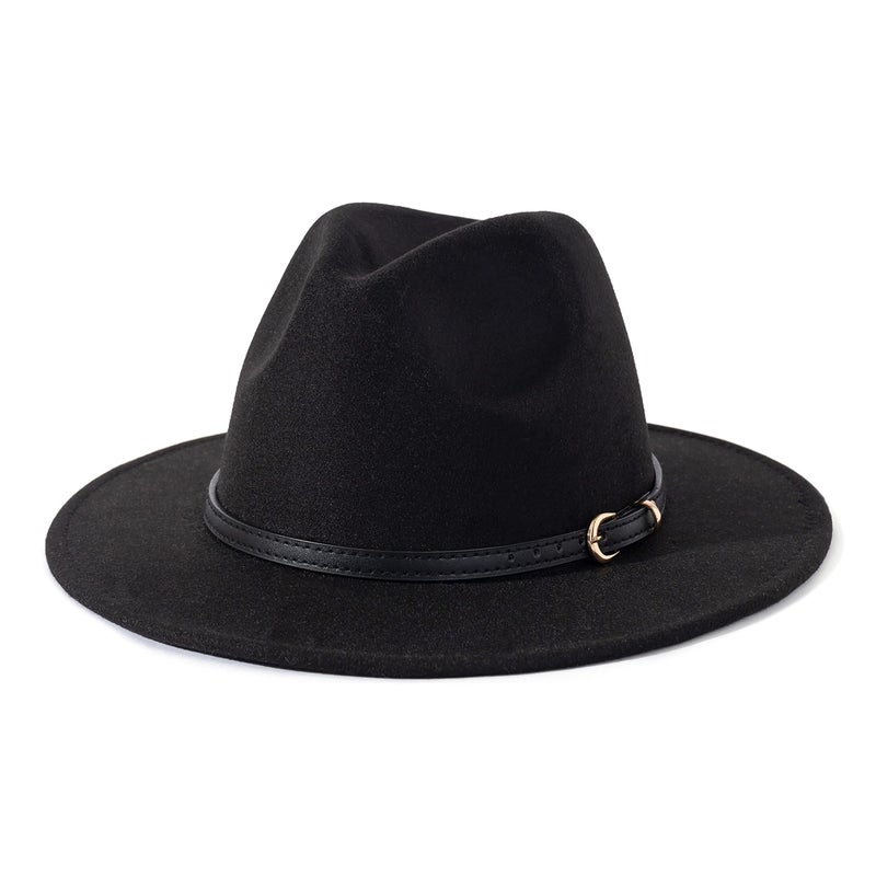 Lisianthus Women Classic Felt Fedora Wide Brim Hat with Belt Buckle Black Belt-Black - Image 1