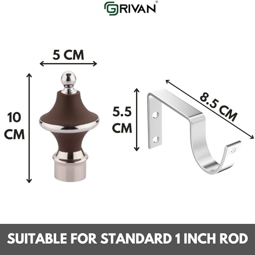 GRIVAN Stainless Steel & ABS Curtain Bracket Parda Holder with Support 1 Inch Rod Pocket Finials Designer Door and Window Rod Support Fittings, Curtain Rod Holder (Pair of 6 , Dark Brown ) - Image 4