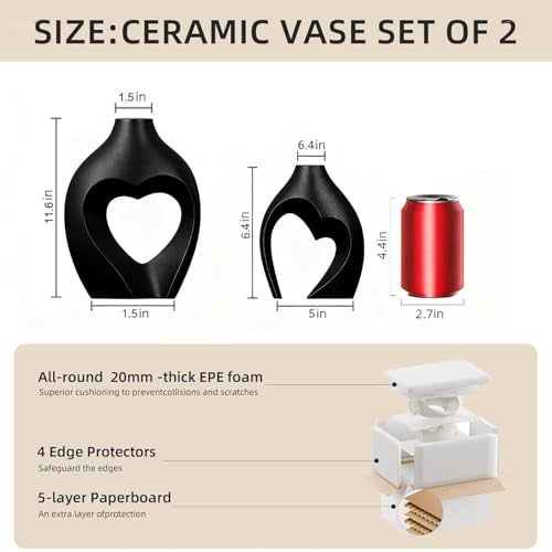 Zormon Black Vases for Decor, Heart Shaped Ceramic Vase Set of 2, Nordic Heart Shaped Vases, Minimalist Decorative Vase for Table Centerpiece Wedding Dining Living Room Office House Decoration - Image 2