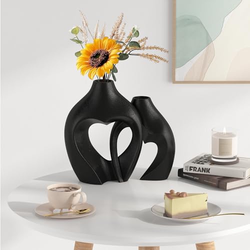 Zormon Black Vases for Decor, Heart Shaped Ceramic Vase Set of 2, Nordic Heart Shaped Vases, Minimalist Decorative Vase for Table Centerpiece Wedding Dining Living Room Office House Decoration - Image 4