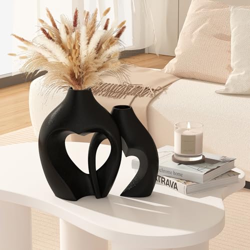 Zormon Black Vases for Decor, Heart Shaped Ceramic Vase Set of 2, Nordic Heart Shaped Vases, Minimalist Decorative Vase for Table Centerpiece Wedding Dining Living Room Office House Decoration - Image 3