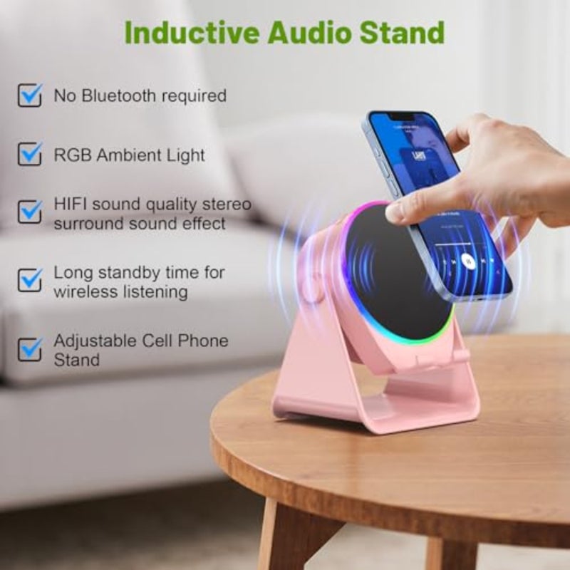 Wireless Induction Speaker, 4 in1 Phone Stand Bluetooth Speaker Amplifier with Colorful Ambient Light 360° Rotation Holder for Tablet iPhone Android, Cool Tech Gadgets Gifts for Adults Teens - Image 3